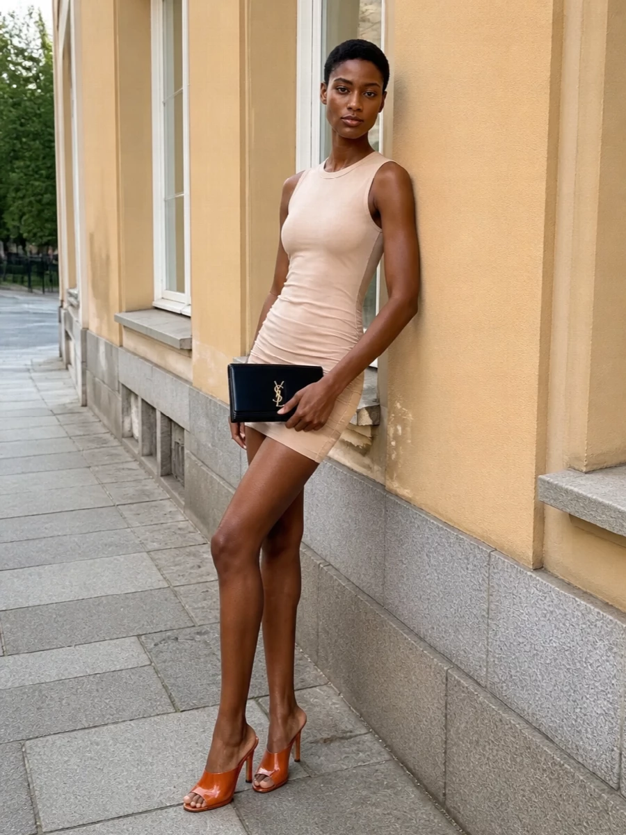 Saint laurent nude mini dress coral mule heels