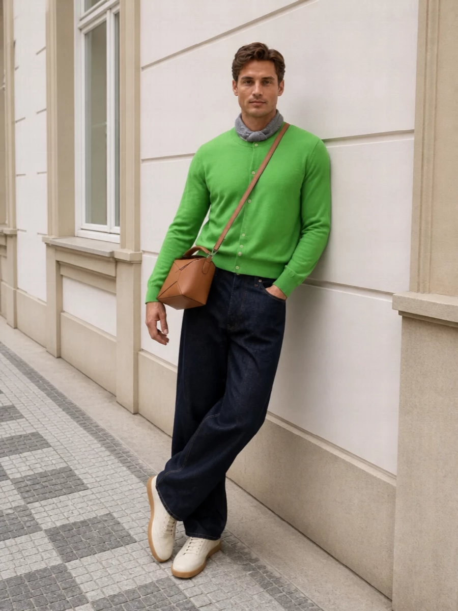 A vivid grass-green cardigan sits over high-rise raw indigo denim for a clean, graphic play of colour and line. Cream leather sneakers keep the mood precise rather than sporty, while a tan geometric shoulder bag and a slate-grey scarf introduce quiet structure and warmth. The result is minimalist spring dressing with one confident hit of colour and everything else kept calm and considered around it.