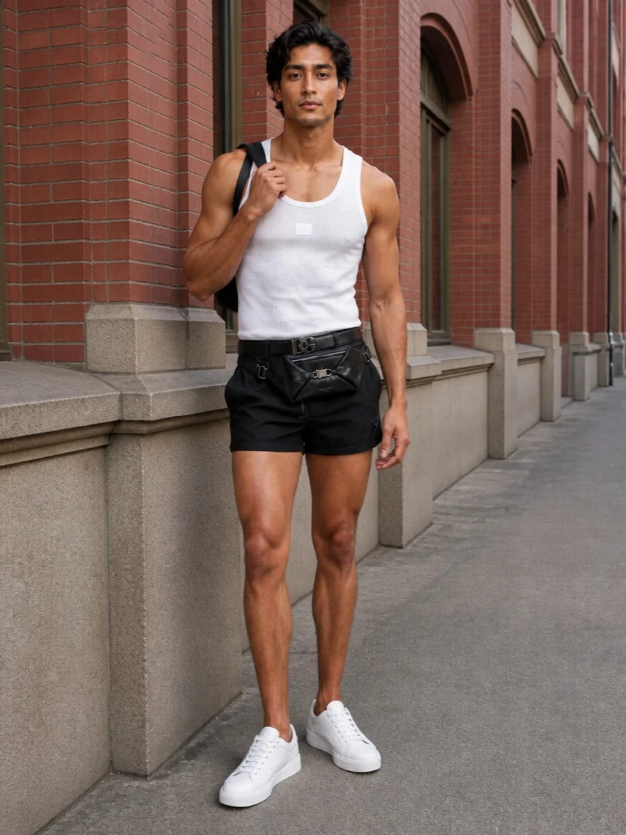 Optic white and deep black stay in tight conversation here, with the ribbed tank and compact swim short creating a clean, athletic column. The pure white court sneakers keep the focus on line and proportion, while the black belt and leather belt bag add just enough hardware to signal designer without shouting. It is a minimalist, city-ready take on pool-to-pavement dressing that still feels precise and intentional for summer days out.