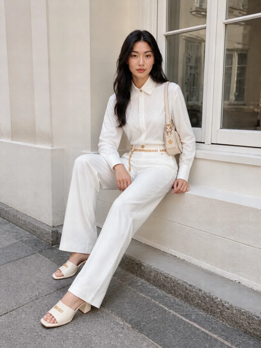 A monochrome white and cream palette lets the cut do the talking, creating a long, clean line from high-rise trouser to sharp shirt. Soft gold hardware and a chain belt read as jewelry rather than branding, keeping the mood polished and discreet. The block-heel mule and compact shoulder bag keep things light for daytime while still feeling ready for a smart dinner reservation.