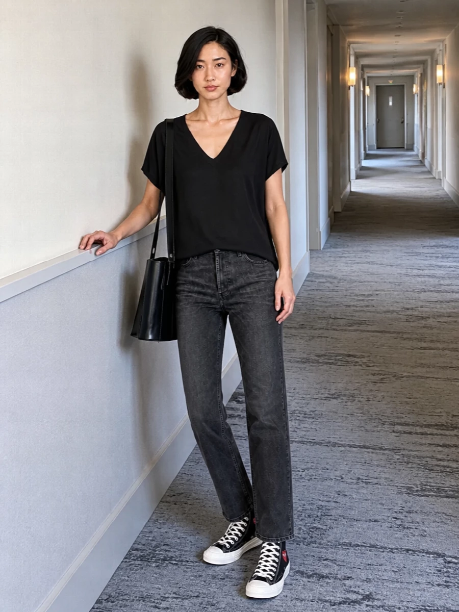 Straight charcoal denim grounded with a fluid black V-neck tee creates a clean, low-key base that still feels intentional. High-top canvas sneakers keep it street but unfussy, while the structured black bucket bag adds a precise, polished edge. The result is a quietly strong monochrome outfit that works from coffee runs to late nights without needing a change.