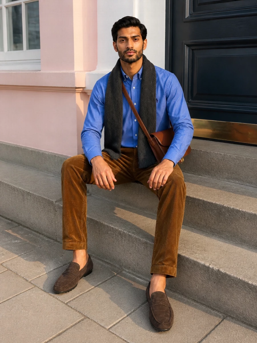 Polo’s blue oxford shirt sits against caramel corduroy trousers for a smart, collegiate take on casual dressing. Dark brown suede loafers and a cognac leather crossbody keep things quietly refined, with a charcoal scarf adding just enough cool contrast for crisp city days. The result is relaxed but thoughtful, ideal for office-adjacent schedules and polished weekends alike.