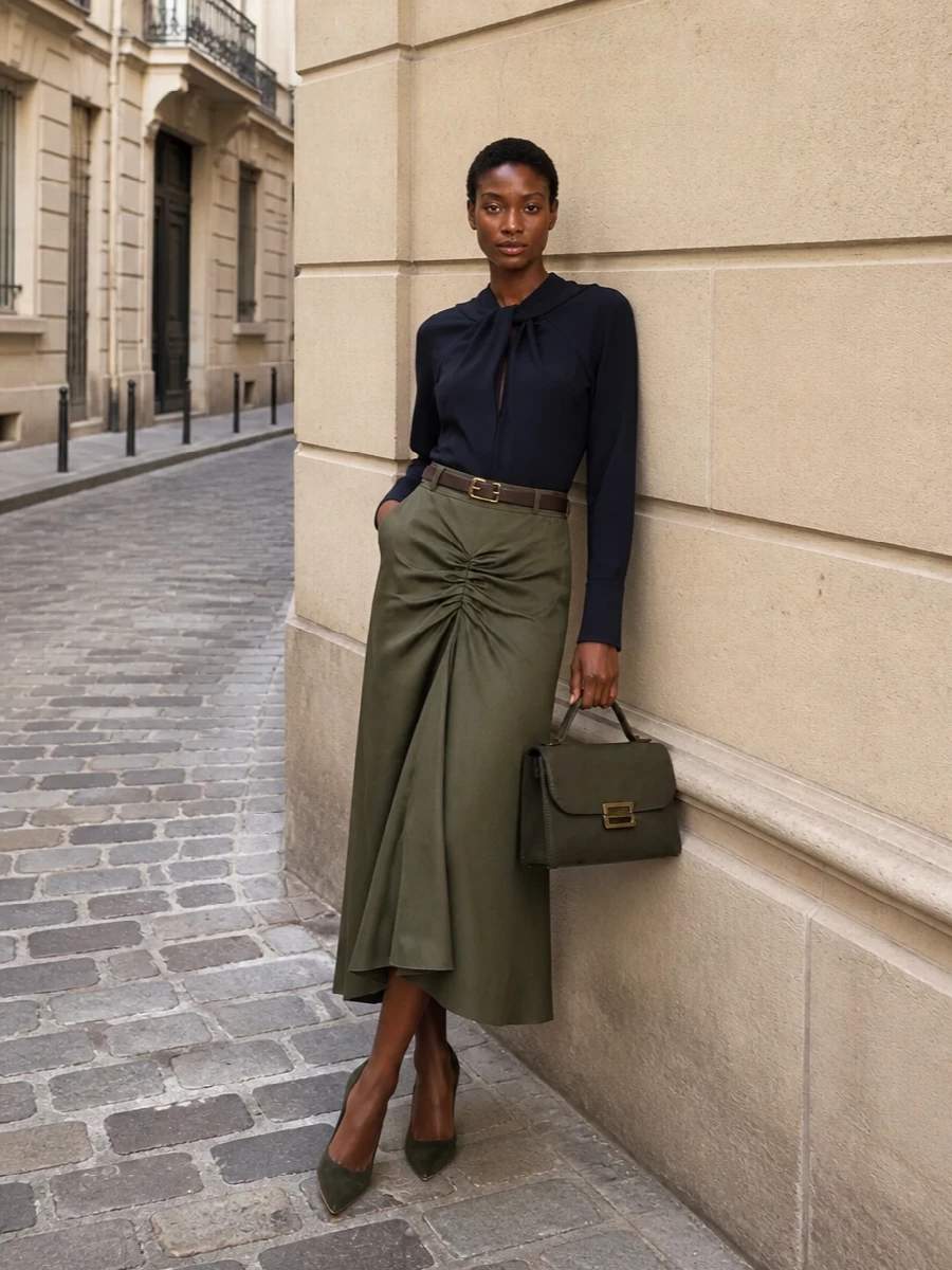 Victoria beckham olive midi skirt navy blouse