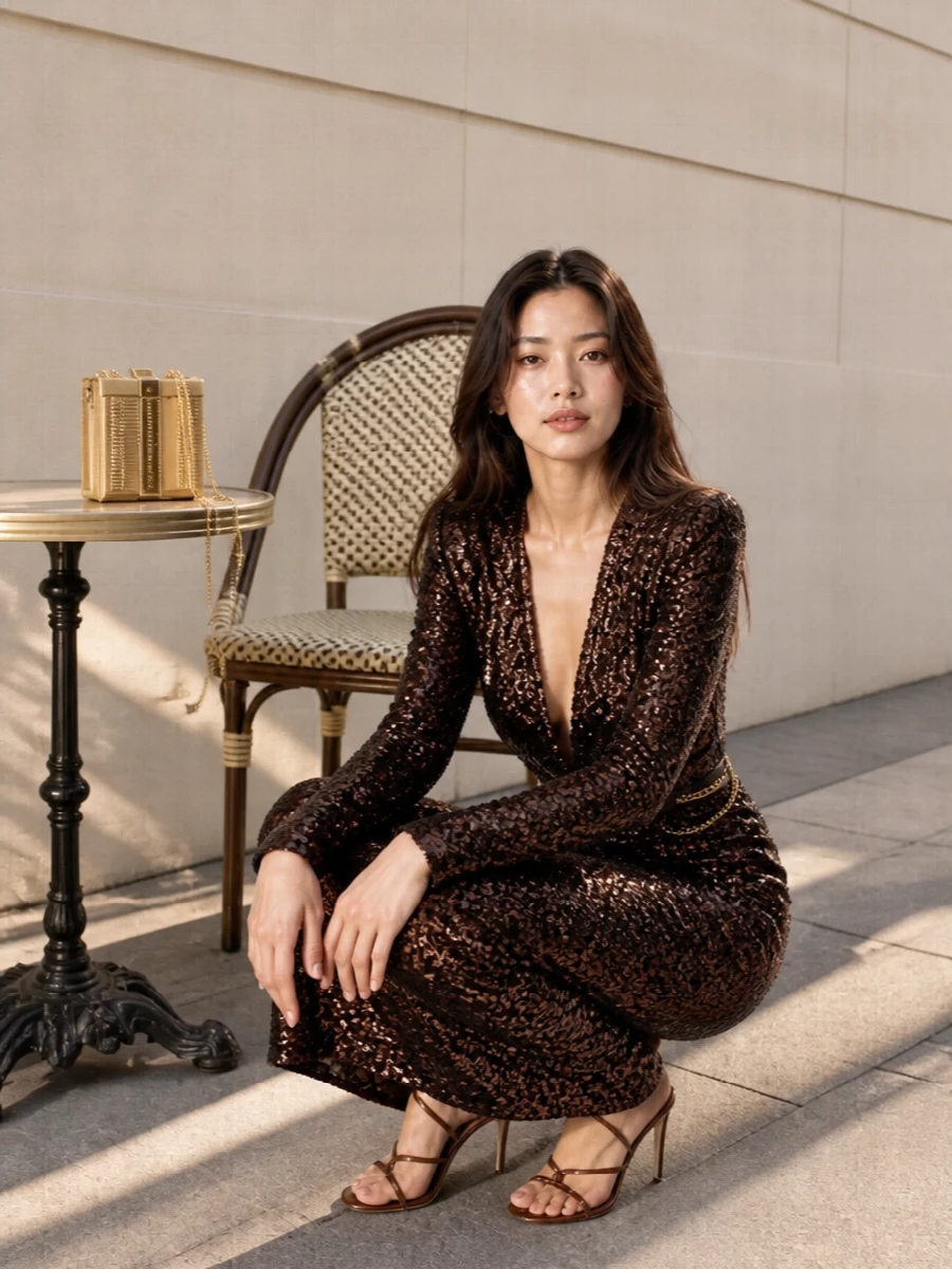 High-octane and sultry, this gown is styled with warm metallic accessories that keep every line long and fluid. Bronze stilettos and a jewel-like gold bag stay within the chocolate and copper story, so the drama is in the silhouette rather than clashing color. A liquid chain at the waist echoes the dress’s hardware, turning the entire column into a continuous line of light for summer nights out or black-tie parties in the city.