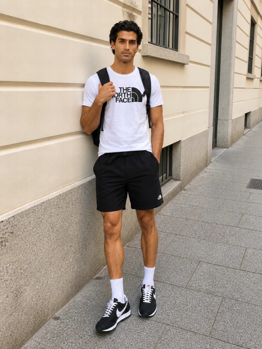 North face tee black tech shorts nike runners
