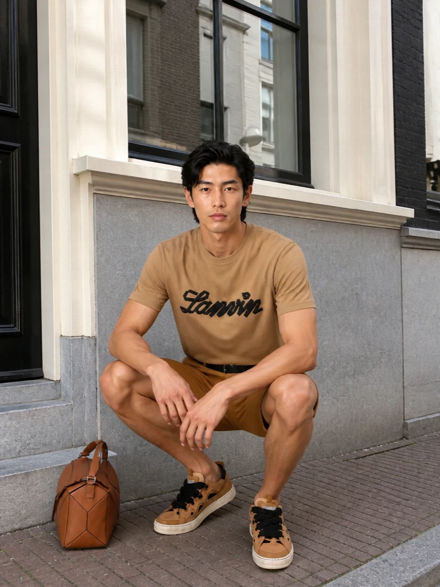 Lanvin camel logo tee tailored shorts outfit