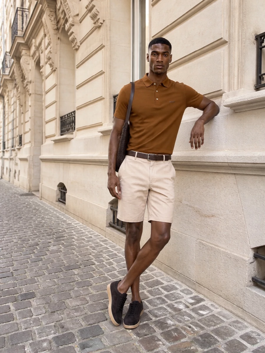 Zegna polo beige chino shorts suede sneakers