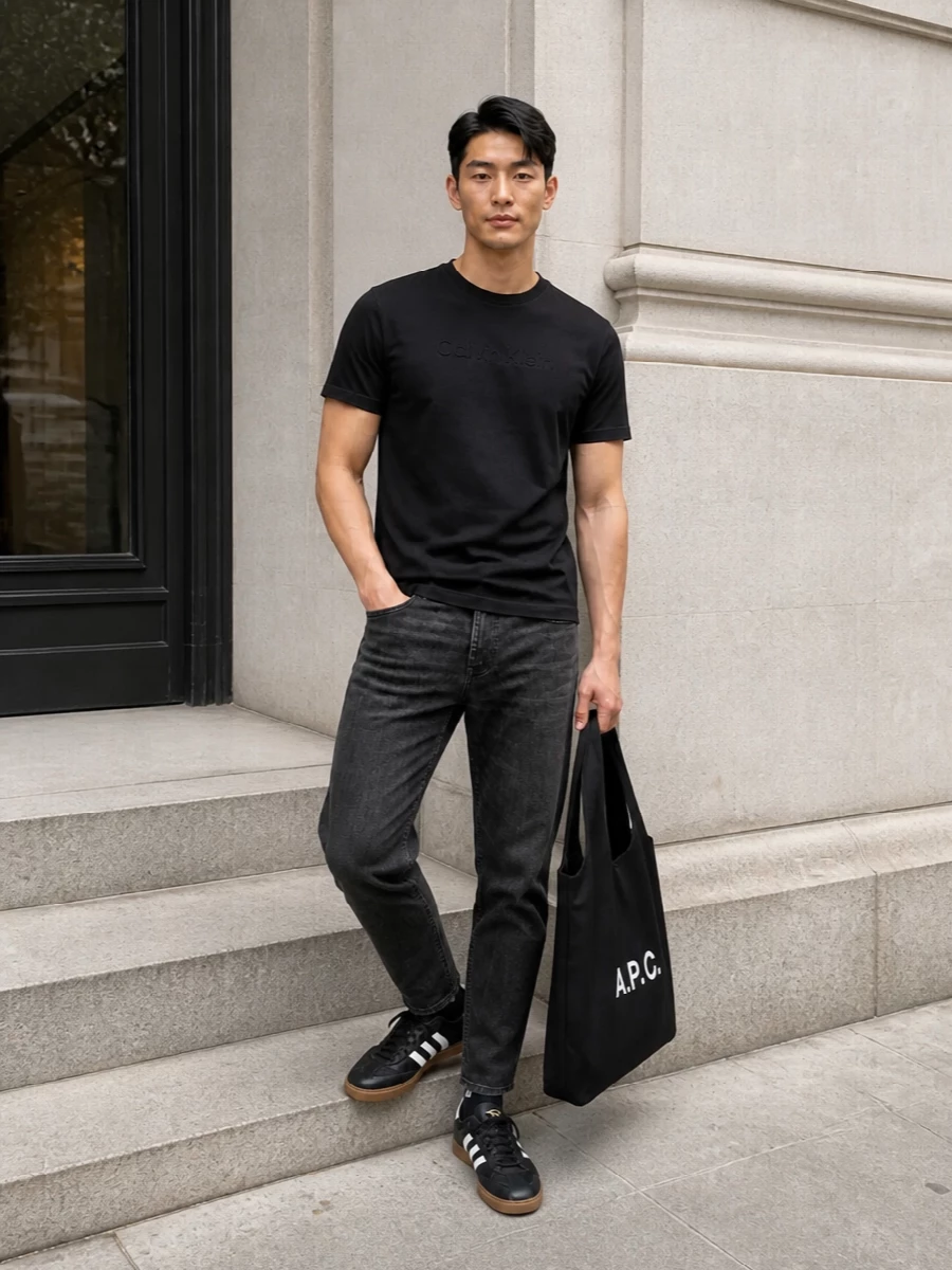 Calvin klein black tee washed black jeans outfit