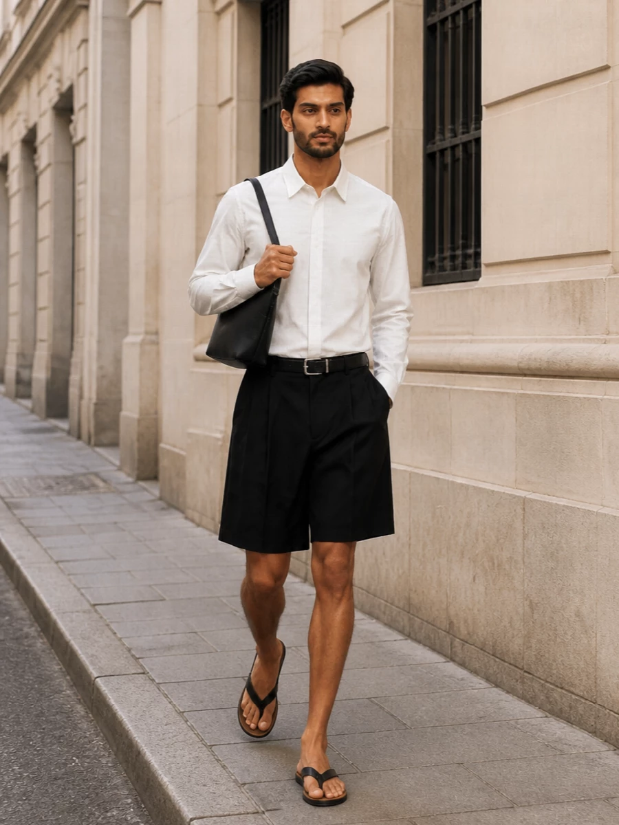 The row black pleated shorts white shirt outfit