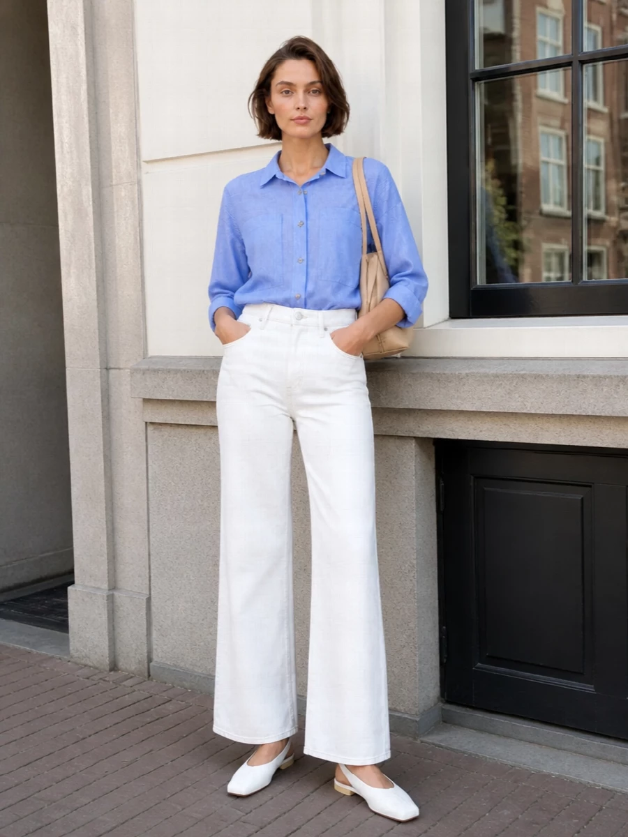 Mother striped shirt white wide leg jeans outfit