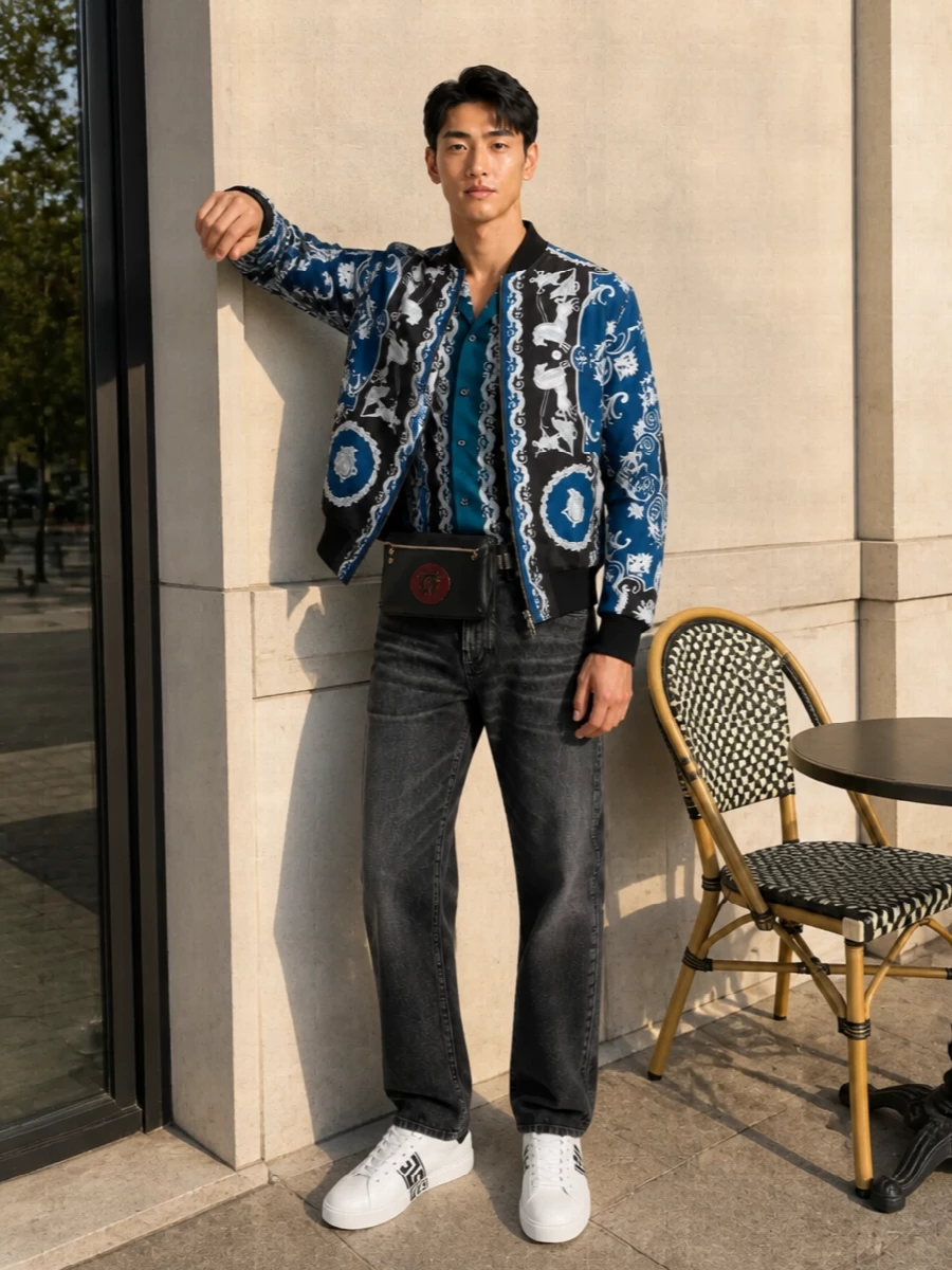 Versace baroque bomber black jeans outfit