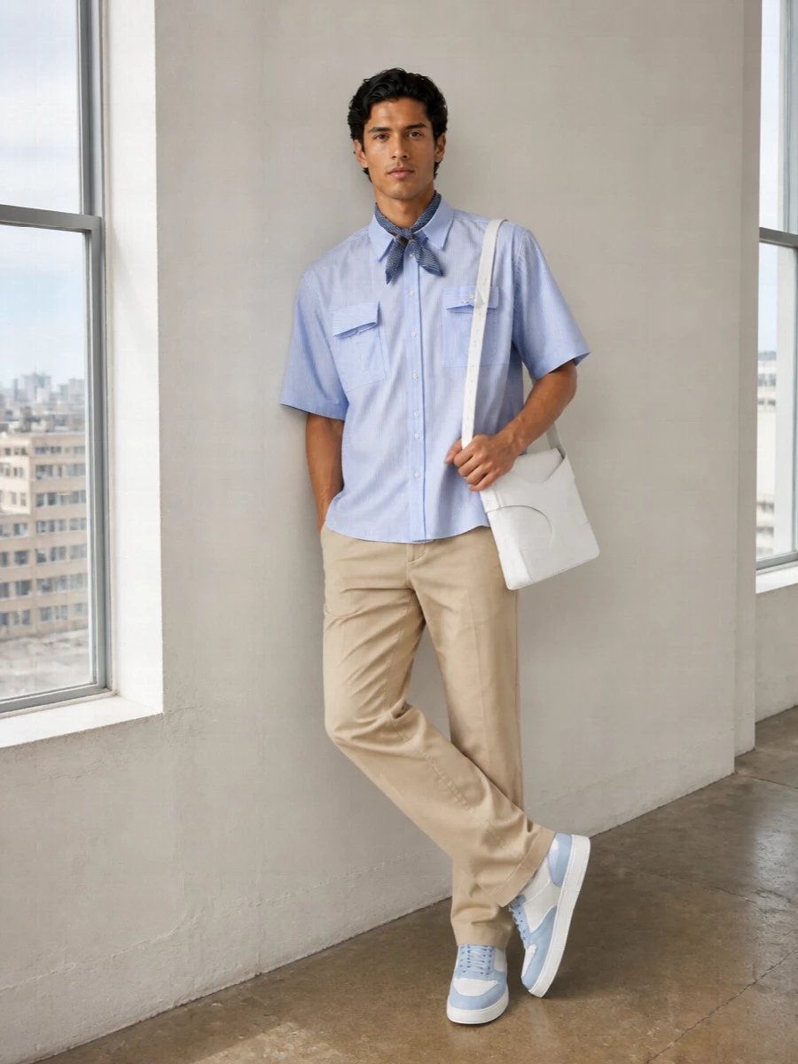 Moschino striped shirt beige trousers sneakers