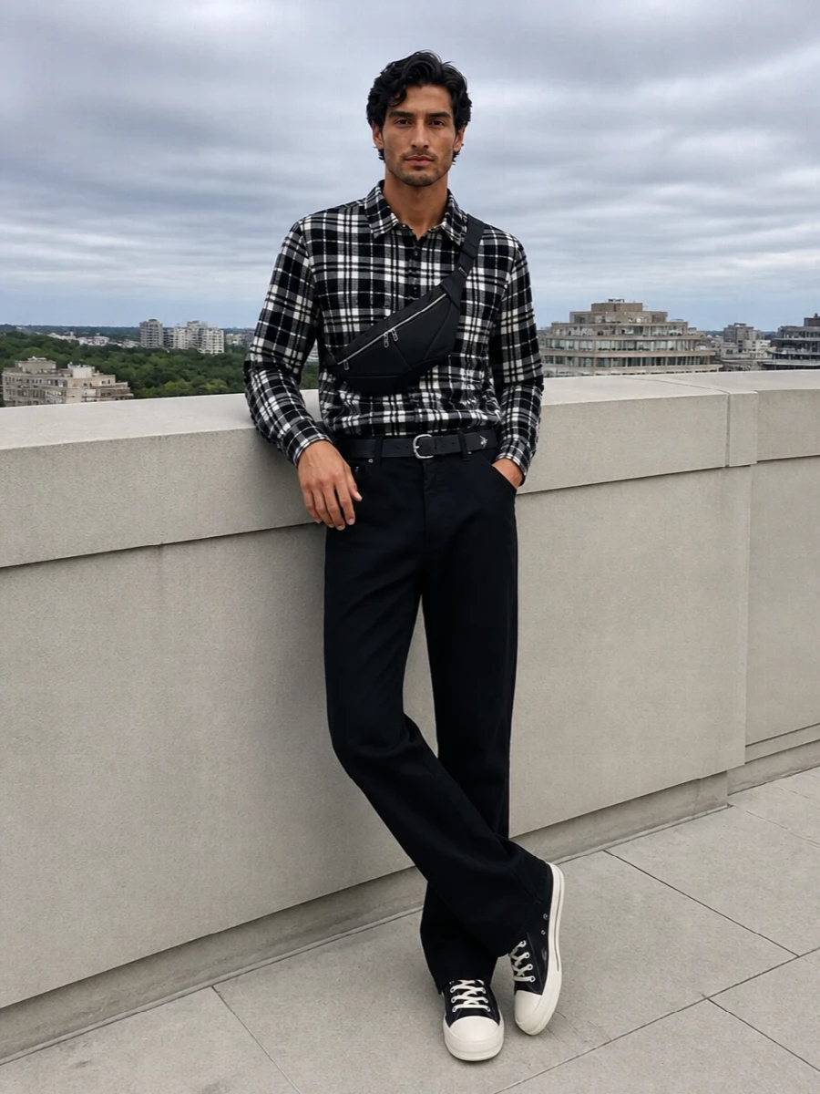 A stark monochrome grid shirt sits over straight black Rick denim for a clean, regular silhouette that still feels severe and urban. Chunky cream-toed sneakers echo the shirt’s off-white and anchor the proportions, while a padded belt bag and precise black belt bring in subtle utility without breaking the graphic lines. It is a disciplined, street-leaning uniform that moves easily from day in the city to late-night bars.