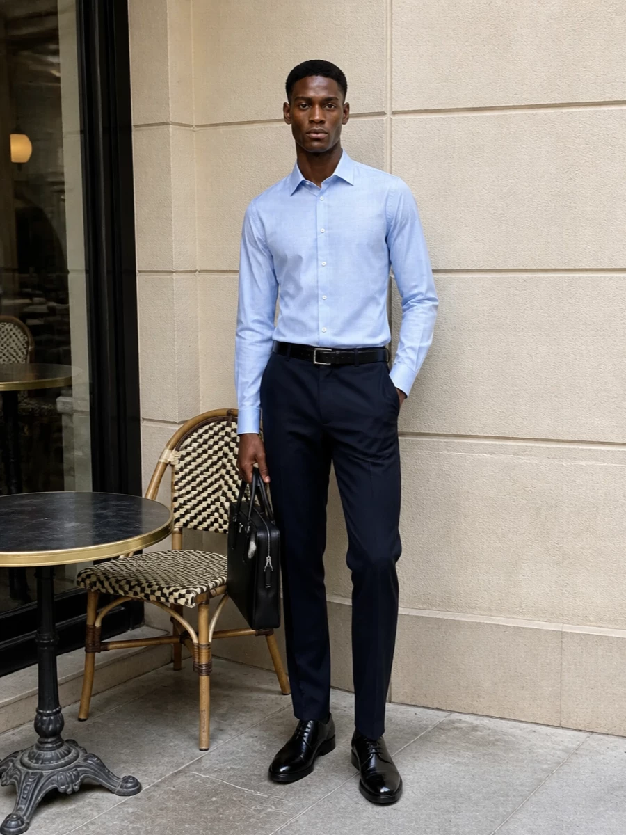 Prada navy trousers pale blue shirt black derby