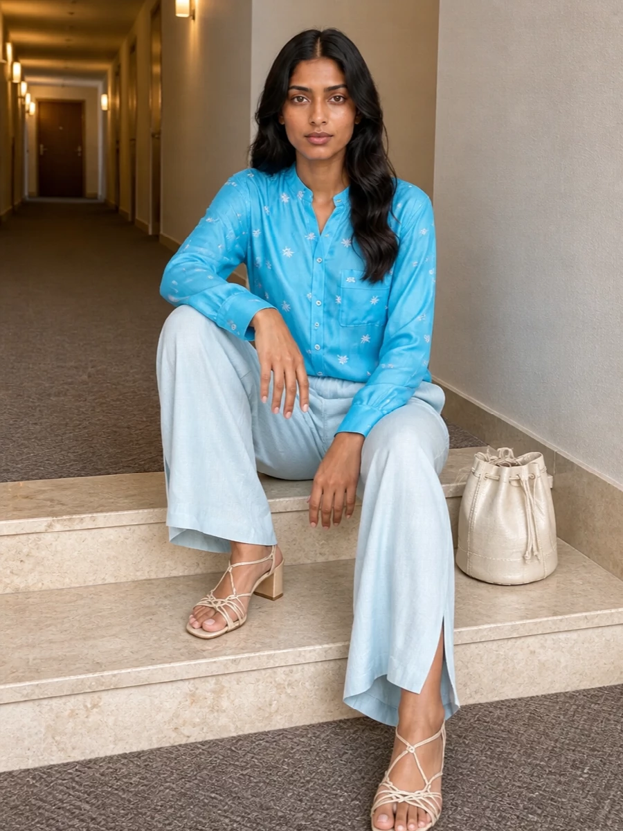 A lagoon blue silk shirt meets whisper-pale aqua trousers for a monochrome column of color that feels soft, romantic and quietly tailored. Champagne sandals and a creamy bucket bag add a subtle glow, keeping the focus on fluid movement and light-catching texture. The result is relaxed yet considered, ideal for warm days that drift into hazy summer evenings.