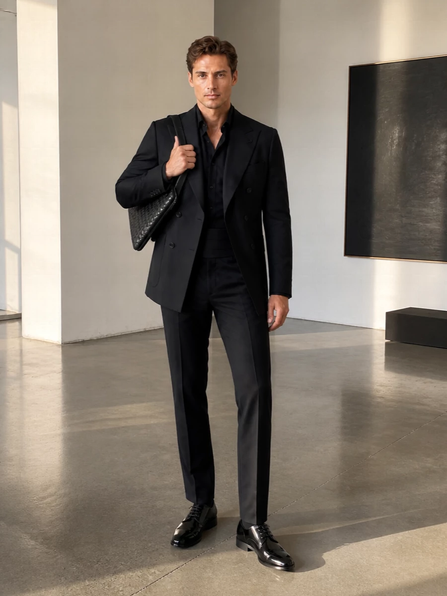 Tagliatore black blazer tuxedo trousers outfit
