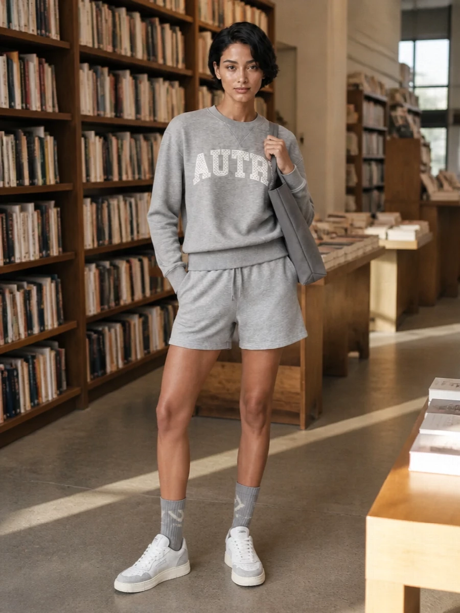 Autry grey sweatshirt outfit shorts sneakers