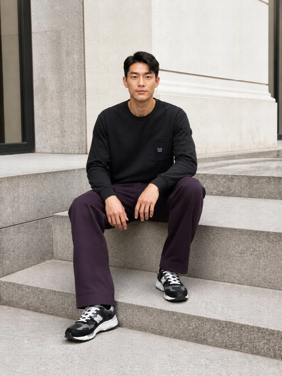 Needles aubergine pants black tee new balance