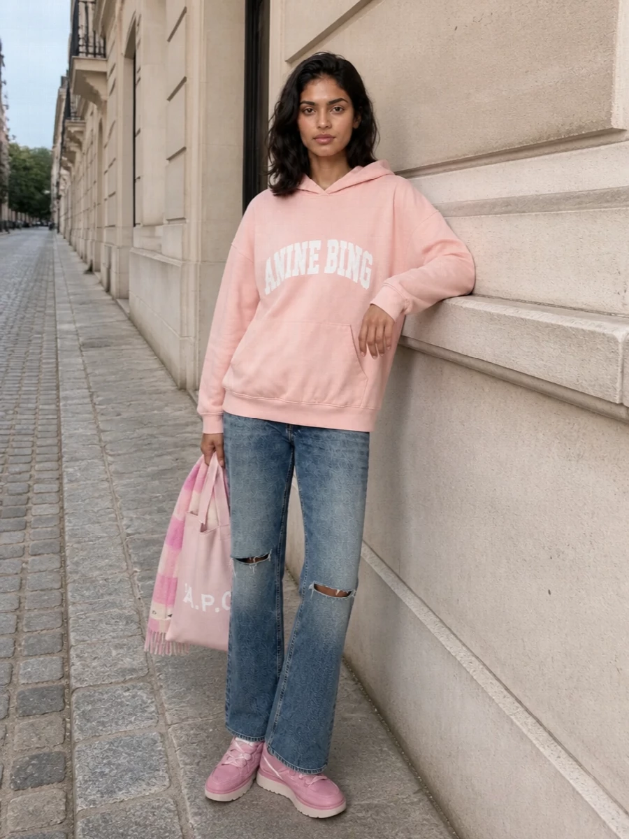 Anine bing blush hoodie straight jeans pink sneakers