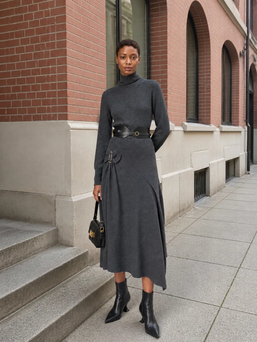 Charcoal-on-charcoal keeps the focus on line and texture, from the asymmetric Lanvin knit to the sculpted waist and pointed black boots. The structured mini bag and subtle gold hardware read considered rather than decorative, perfect for winter dinners where you want quiet impact. It is a streamlined, cocooning take on evening dressing that feels modern, precise and assured.