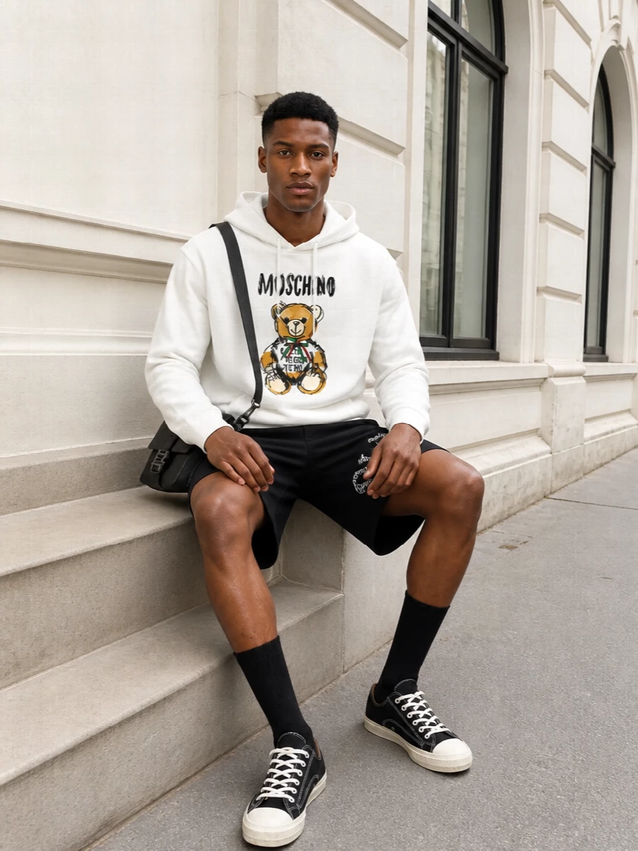 Moschino teddy hoodie black cargo shorts outfit