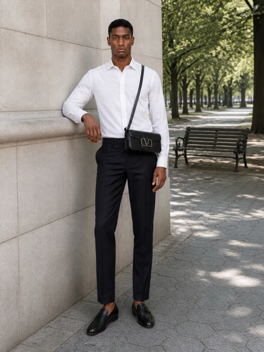 Valentino loafers navy trousers white shirt