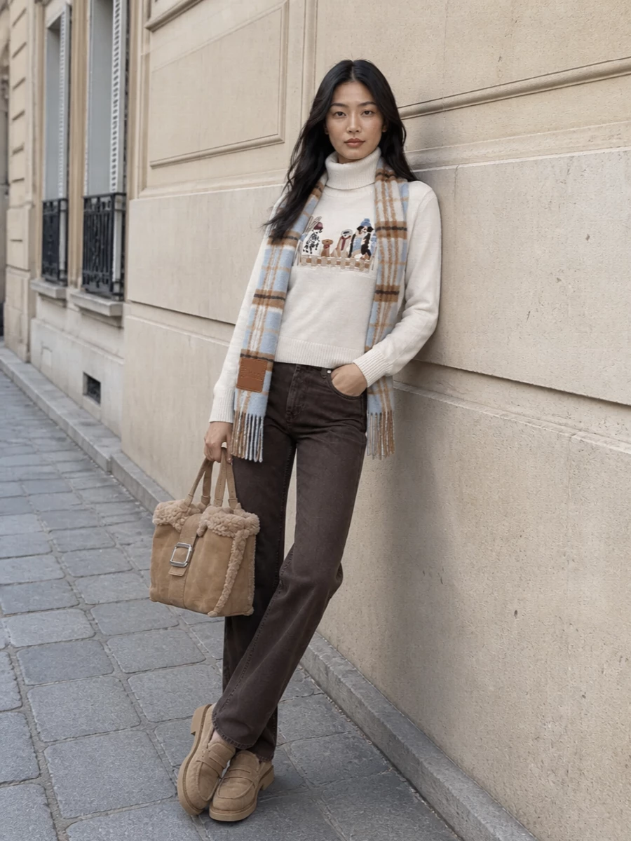 An ivory Jacob Cohen turtleneck pairs with their chocolate straight-leg denim for an easy, preppy take on après-ski dressing. Camel shearling loafers and a plush matching tote keep the mood cozy yet polished, while the camel and sky-blue plaid scarf quietly picks up the sweater’s soft blue notes for a harmonious winter palette. The result is relaxed but refined, ideal for long chalet lunches or city weekends that still feel considered.