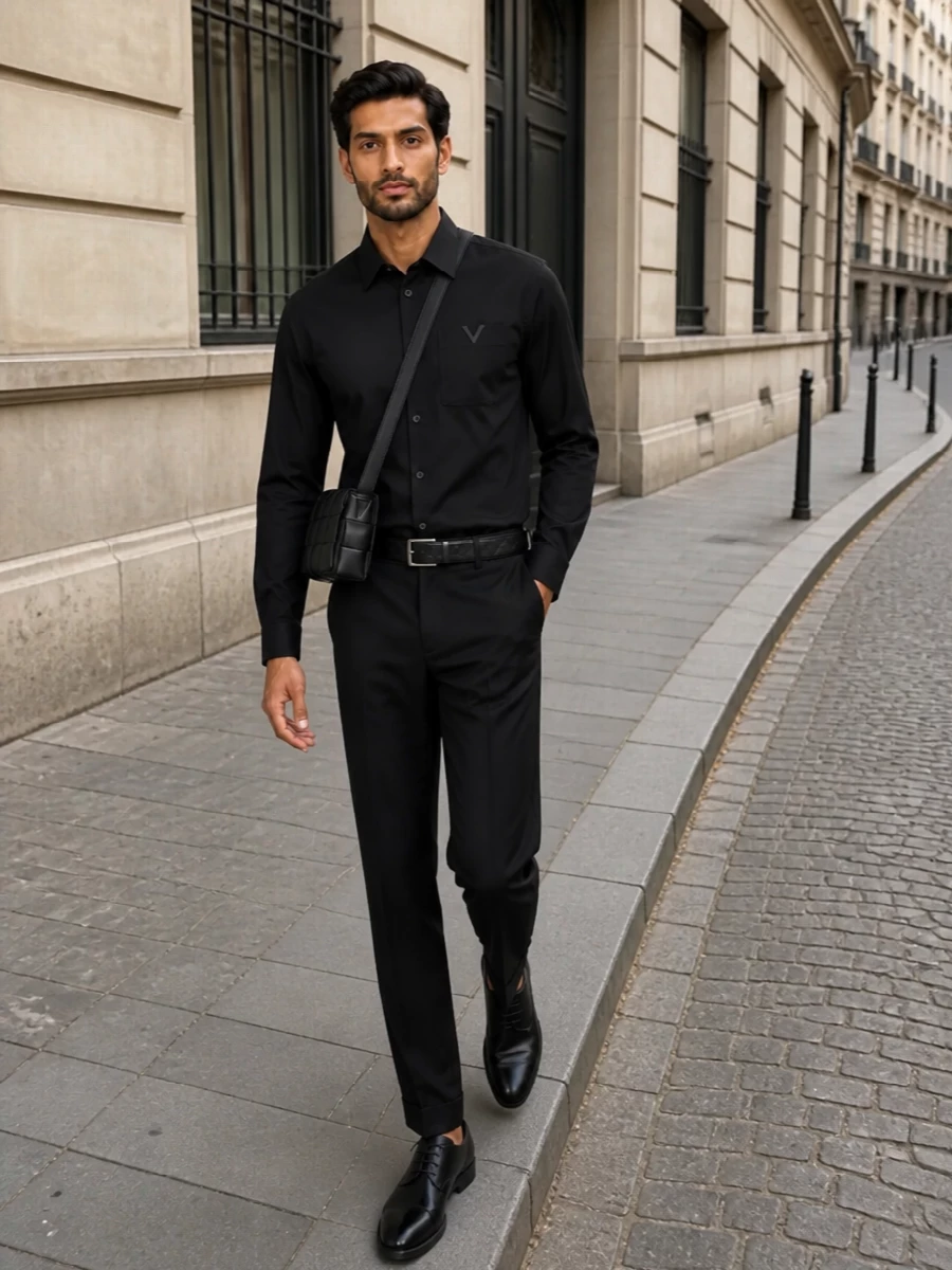 Valentino black shirt trousers outfit