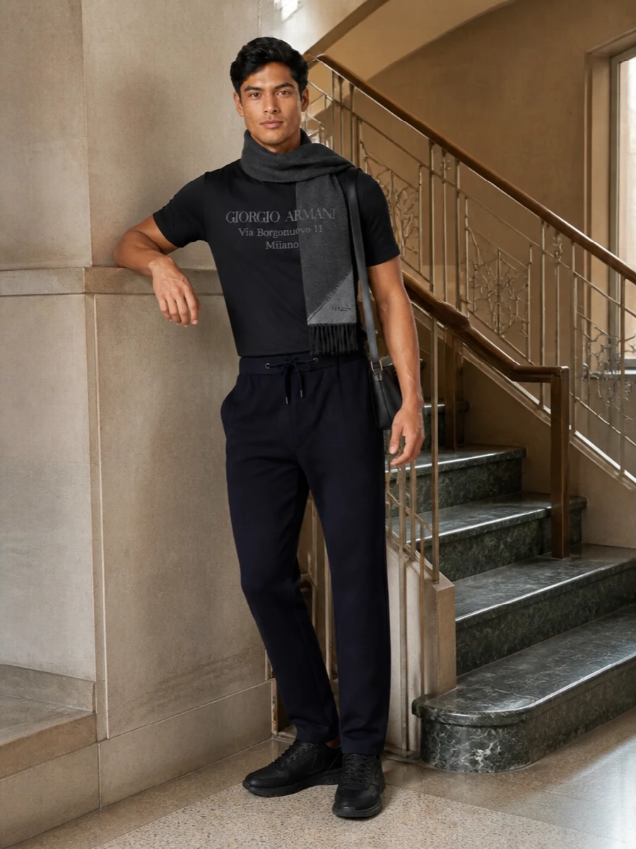 Giorgio armani black tee navy trouser prada bag