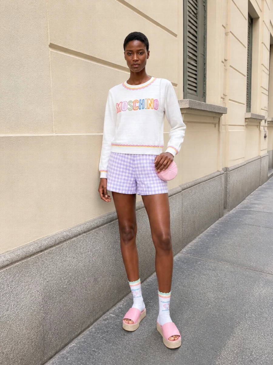 Soft lilac gingham and a crisp white logo knit set a preppy, pastel mood, with bubblegum espadrilles and a cap bag dialling up the playful attitude. The mix of easy volume on top and short length on the bottom keeps the proportions light and breezy, ideal for warm city days. Pastel socks are a subtle styling touch that ties the colour story together when you sit or move.