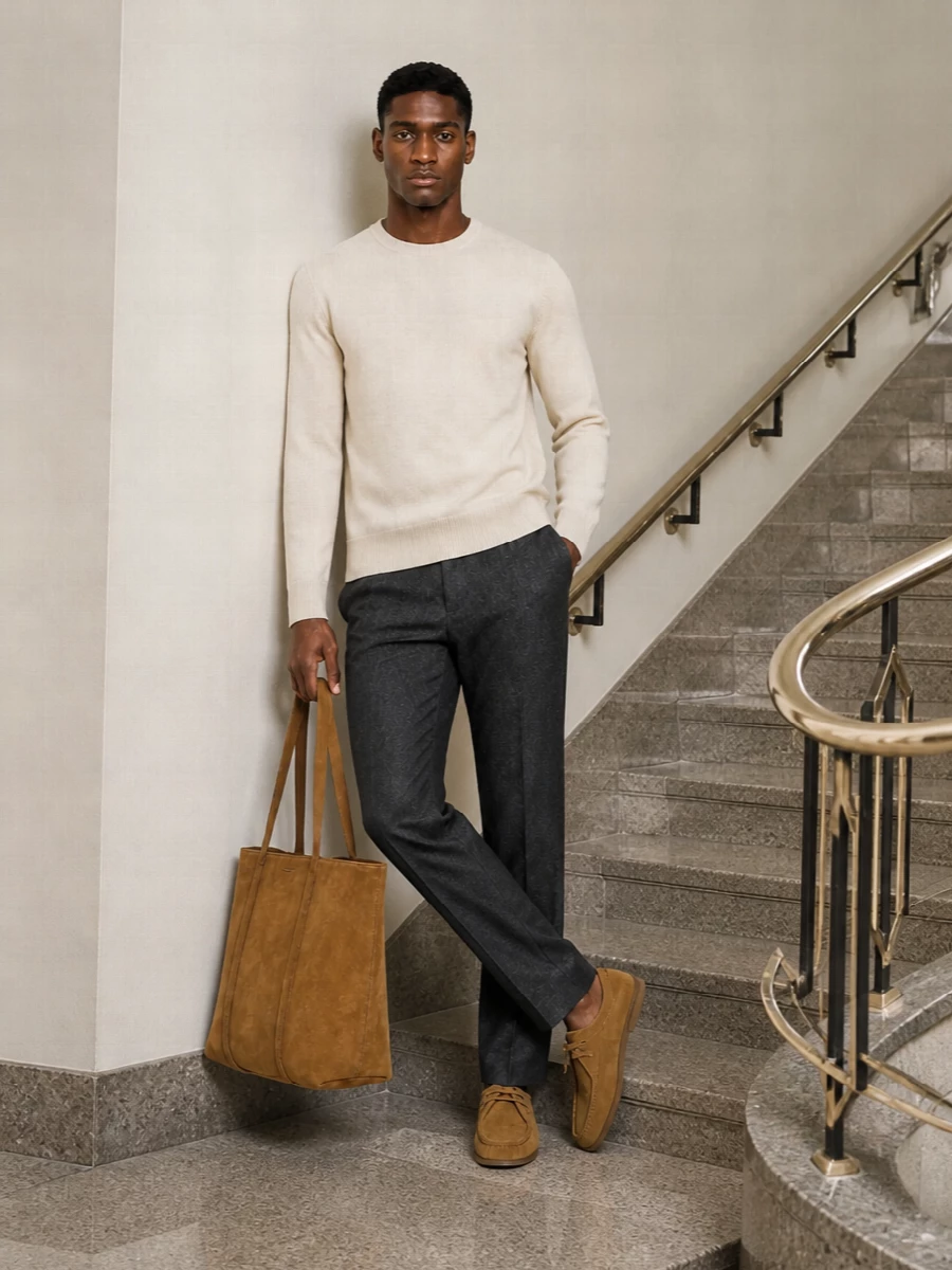 Jil sander camel loafers beige knit charcoal trouser