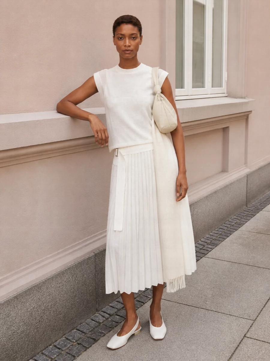 Sacai ivory pleated skirt minimalist flats