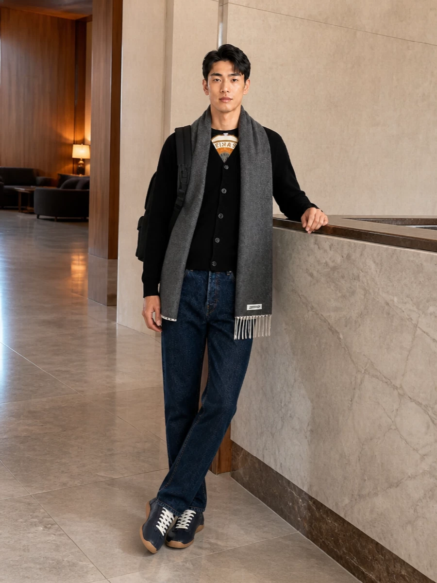 Kenzo cardigan dark indigo jeans navy sneakers