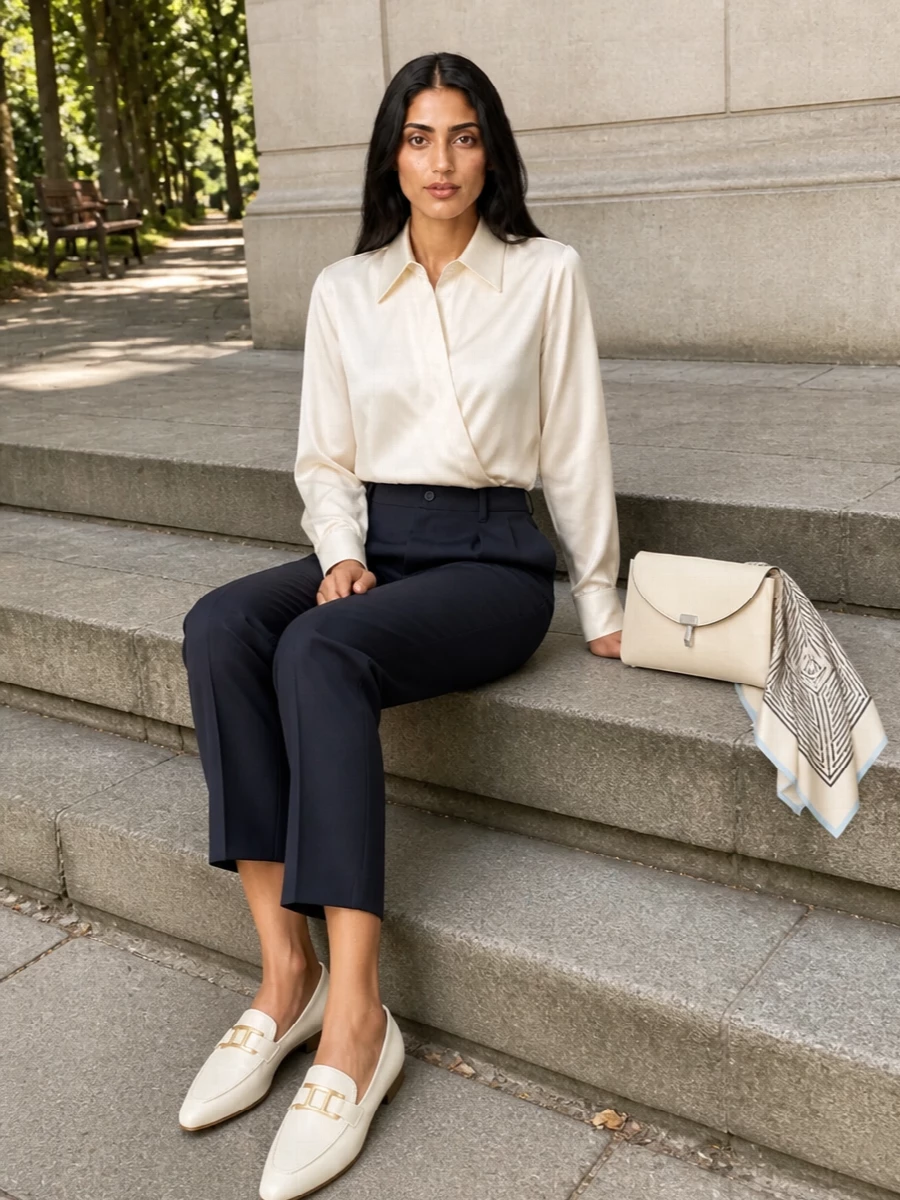 An ivory draped blouse and navy pleated trousers create a clean, elongated line with just enough movement for modern evening polish. Pointed ivory loafers and a sculpted buttercream bag keep the mood quiet and precise rather than overtly dressy. A graphic silk scarf adds a discreet focal point that links the dark base and light top into one coherent palette.