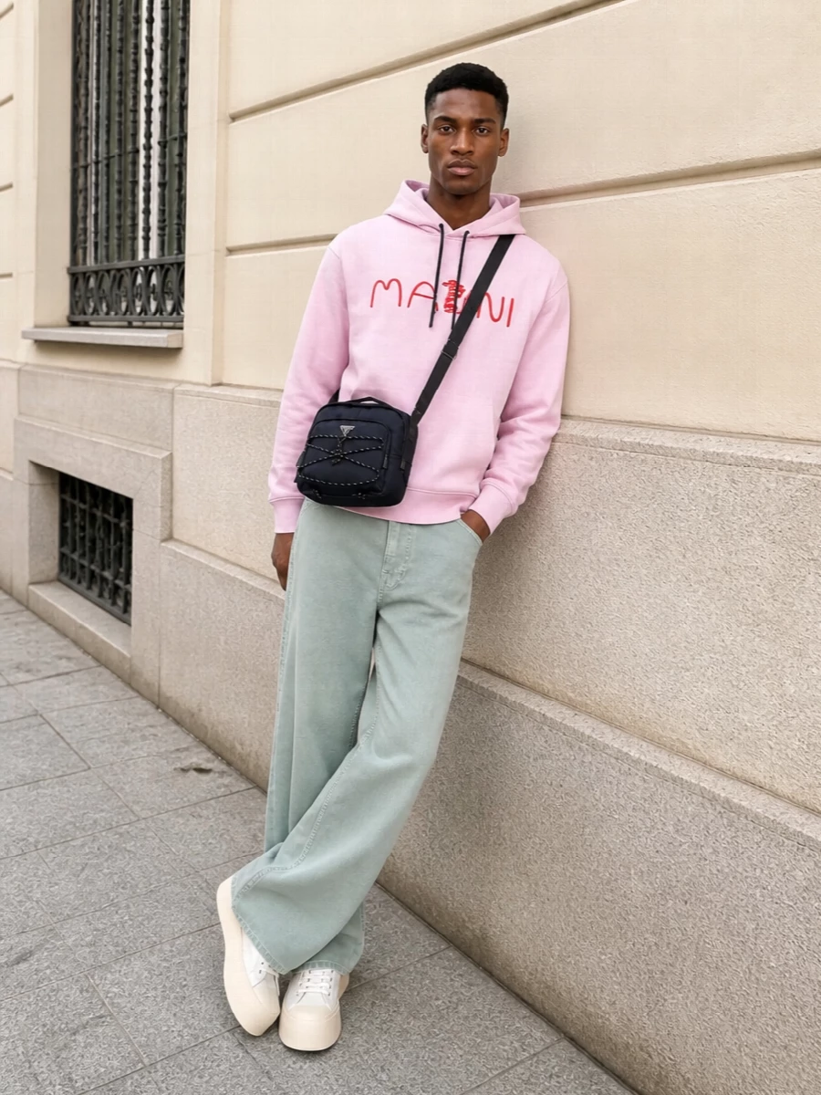 Marni pink hoodie sage wide leg jeans outfit