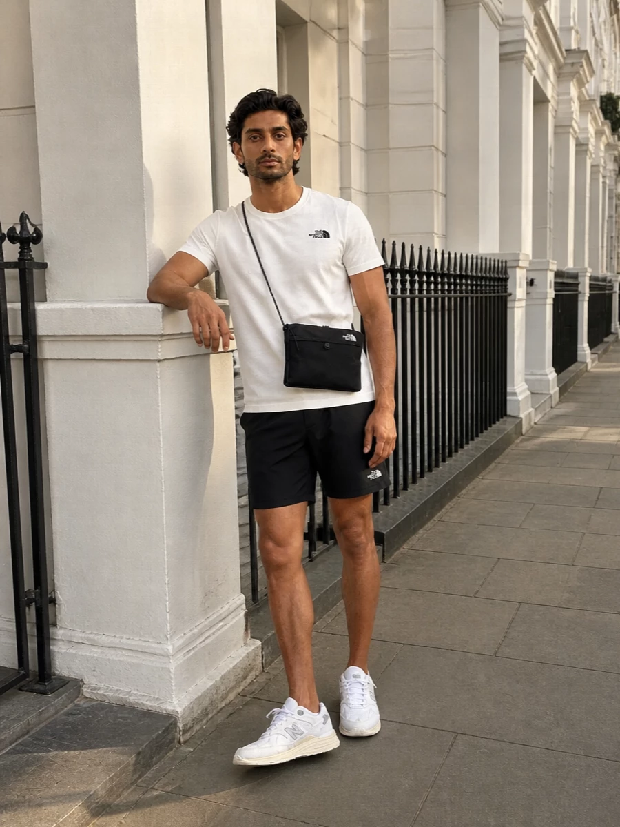 North face tee technical shorts new balance sneakers