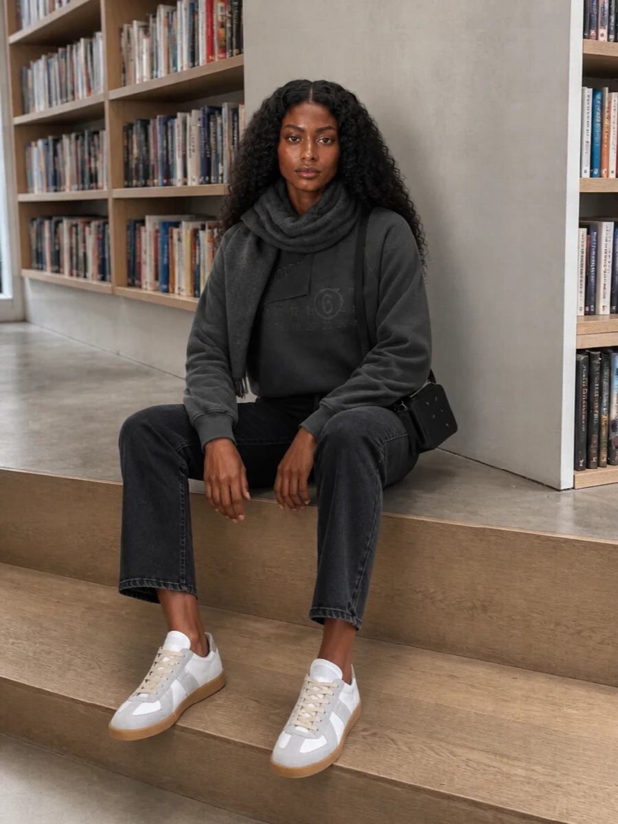 Charcoal tones stay central here, with the flipped-panel sweatshirt grounded by slim washed-black denim to keep the ease but streamline the silhouette. Clean white-and-grey sneakers lighten the palette and underline the streetwear mood. A compact black crossbody and a soft charcoal scarf finish it with quiet precision, so it feels intentional rather than just thrown on.