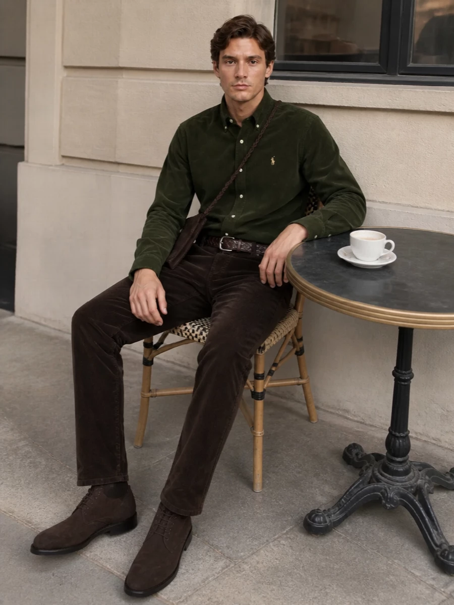 Deep espresso corduroy trousers meet a dark olive corduroy shirt for a tonal, tactile take on smart casual that still feels precise rather than rustic. Dark chocolate suede desert boots keep the line clean and relaxed, while a slim suede crossbody and braided leather belt quietly repeat the textures for a coherent, quietly luxurious finish ideal for city days and low-key dinners.