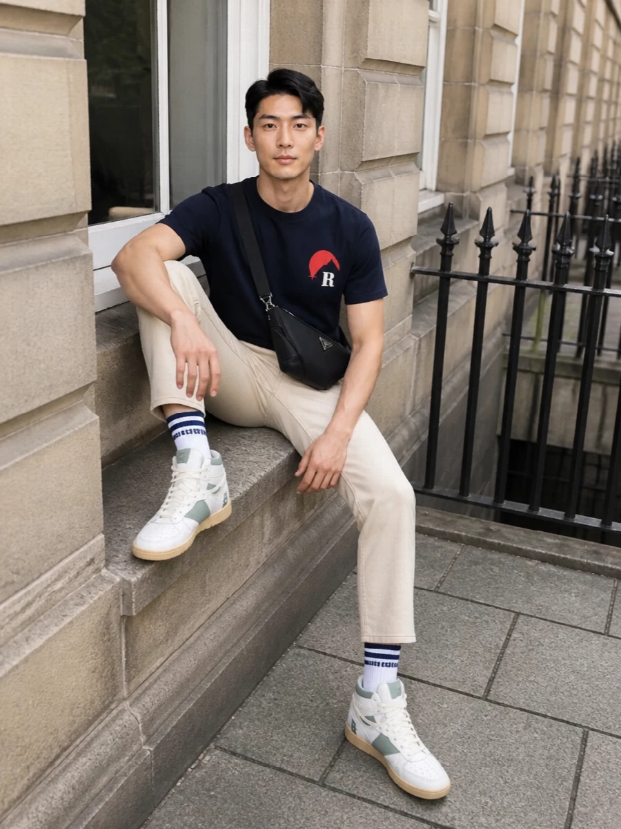 Rhude navy graphic tee beige jeans high top sneakers