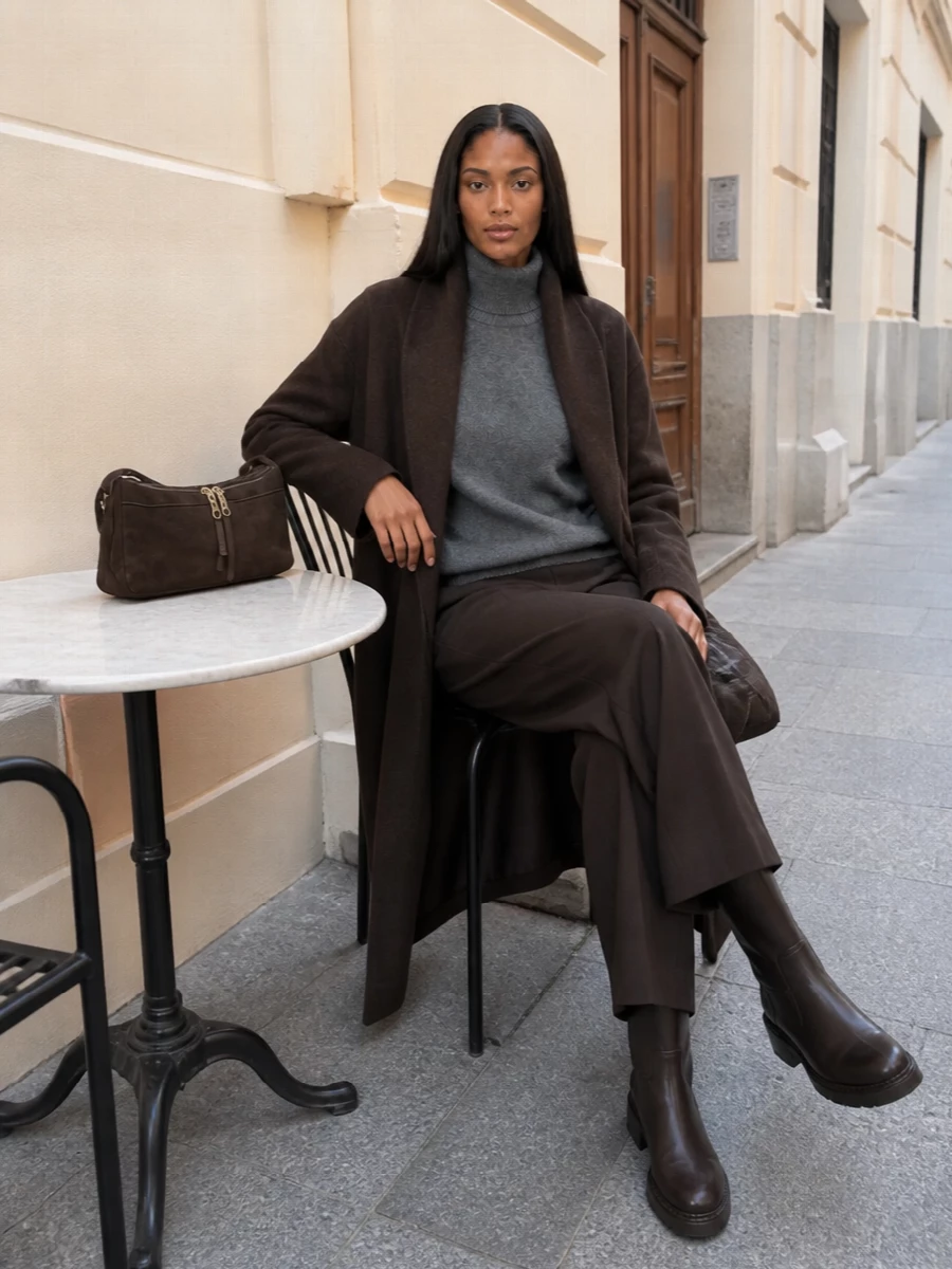 Frankie shop brown cocoon coat wide leg trousers