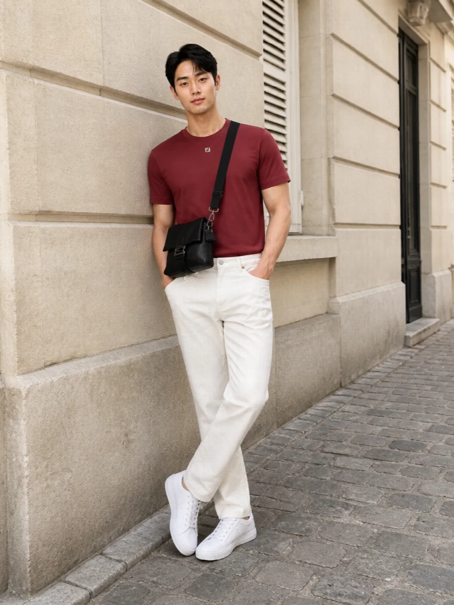 Fendi brick red t shirt white trousers outfit