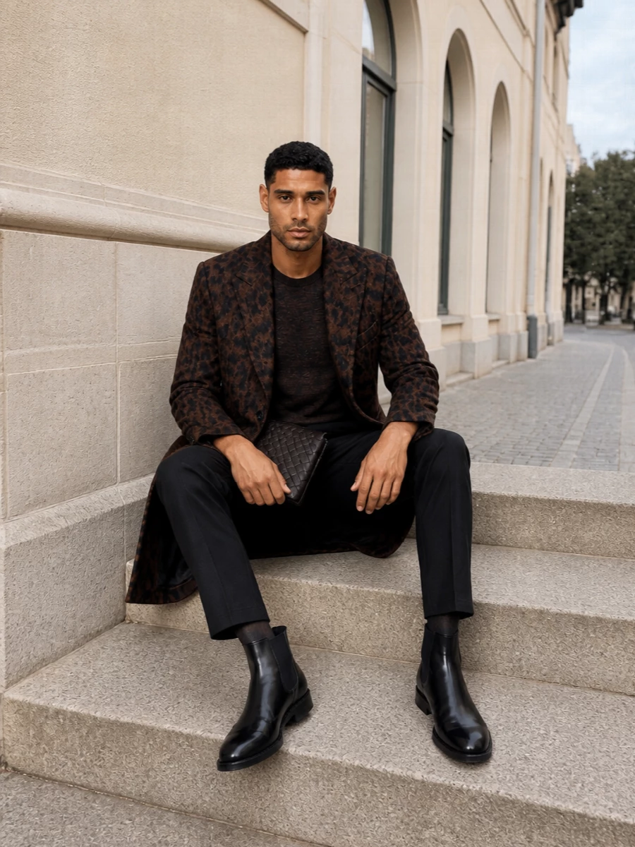 Etro leopard coat cropped trousers chelsea boots
