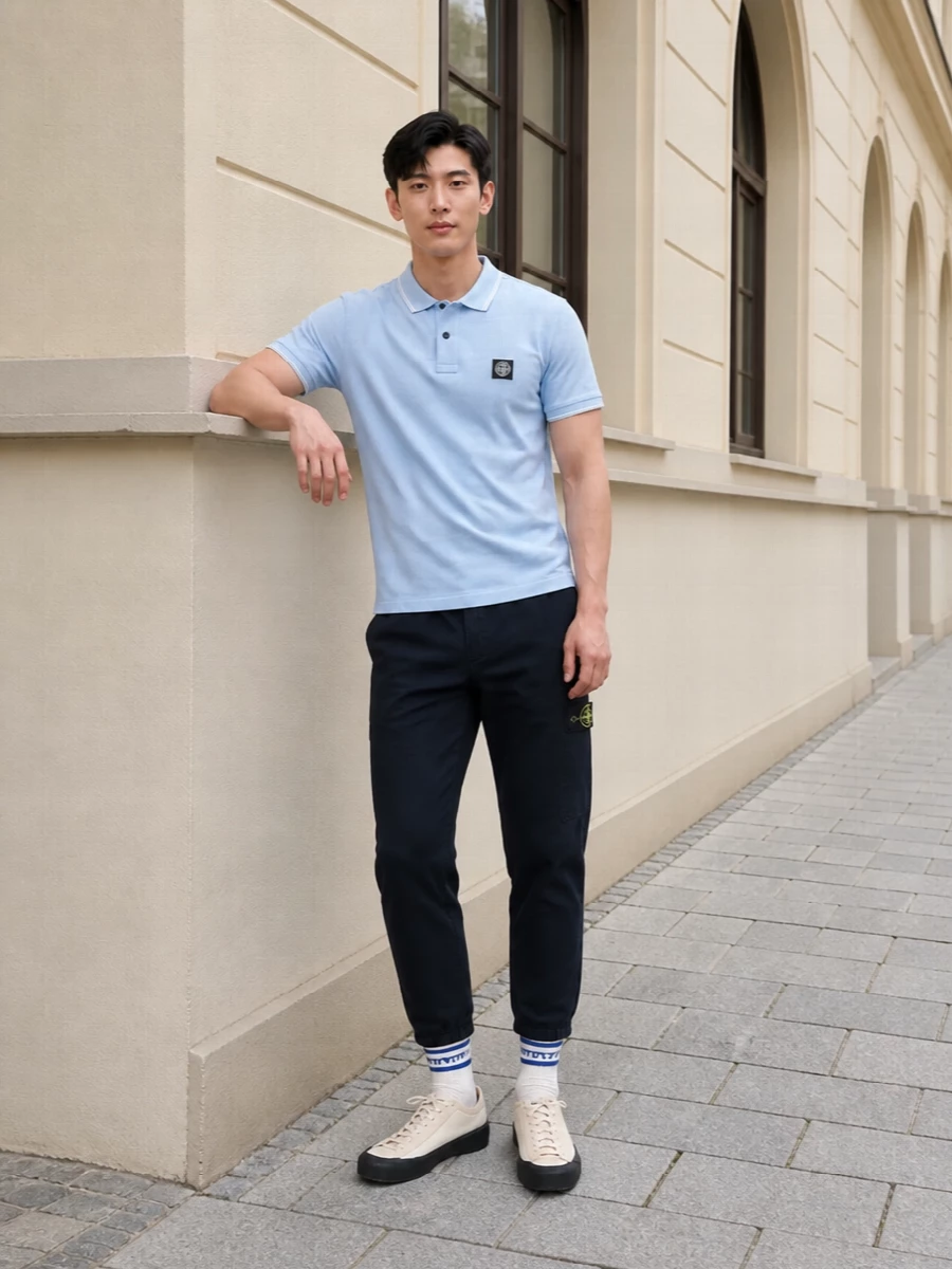 Stone island sky blue polo navy chinos outfit