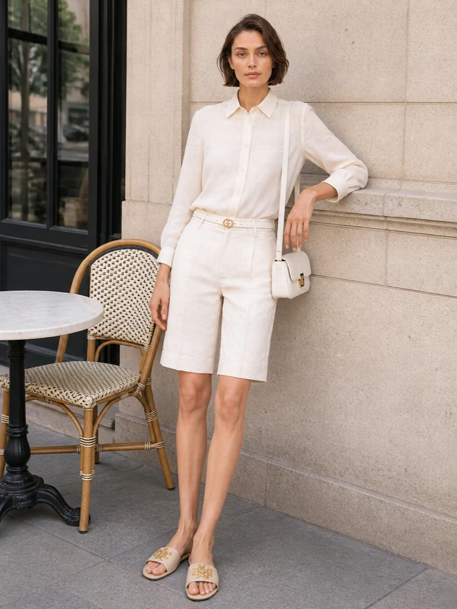 Woolrich ivory bermuda shorts neutral shirt outfit