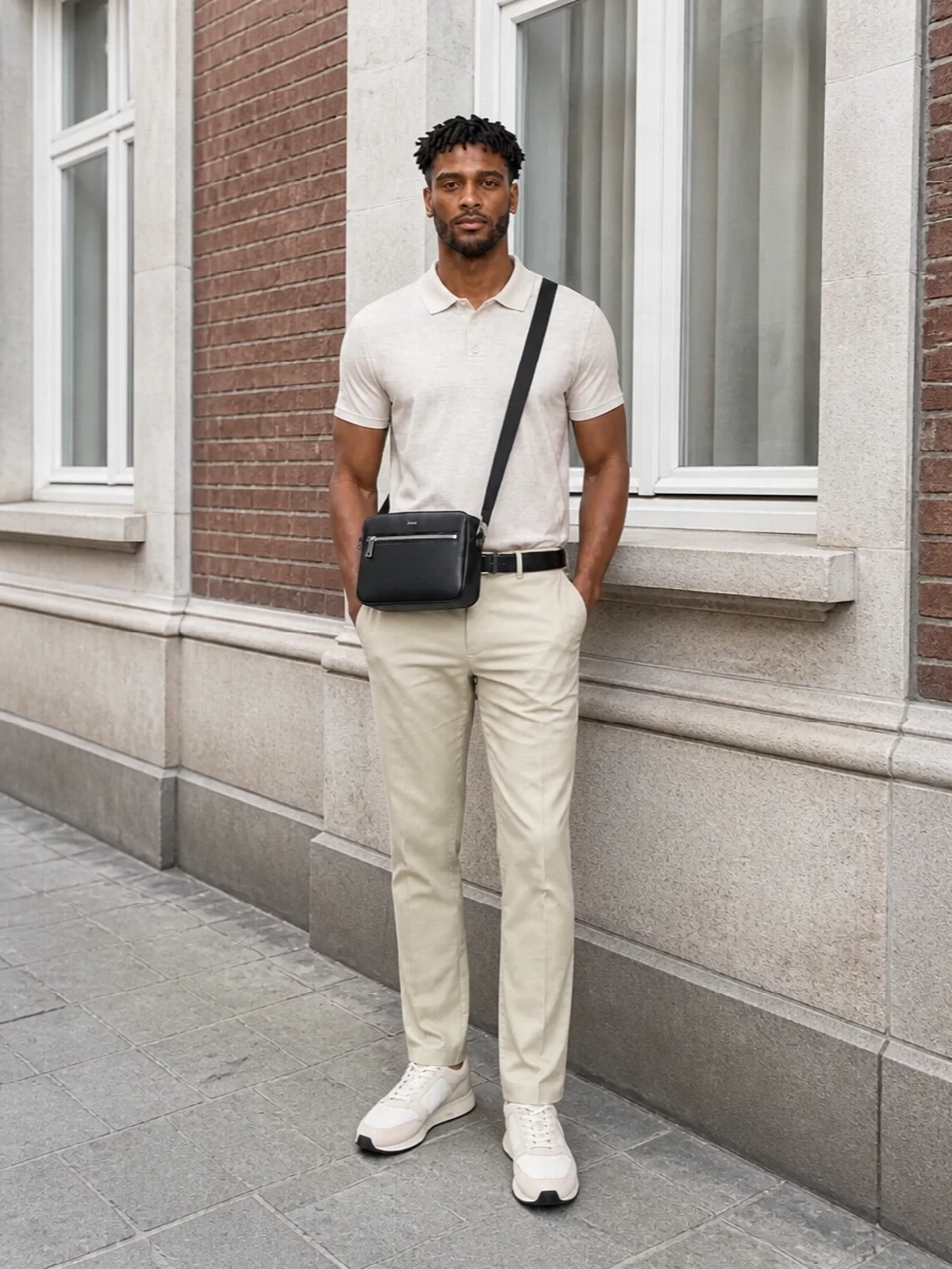 Boss beige polo light chinos off white sneakers