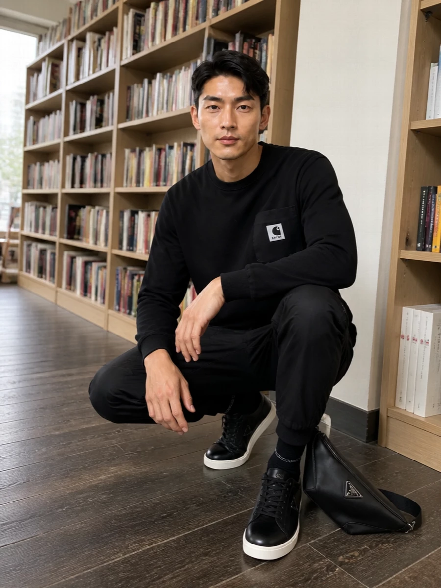 A black-on-black base keeps this Sacai tee feeling sharp rather than basic, partnered with articulate utilitarian trousers for a clean, street-led line. Tonal sneakers and a compact technical crossbody sit in the same quiet-luxury register, keeping the energy graphic but controlled. The result is an easy city uniform that feels considered from logo patch to drawstring hem without tipping into hype-driven branding.