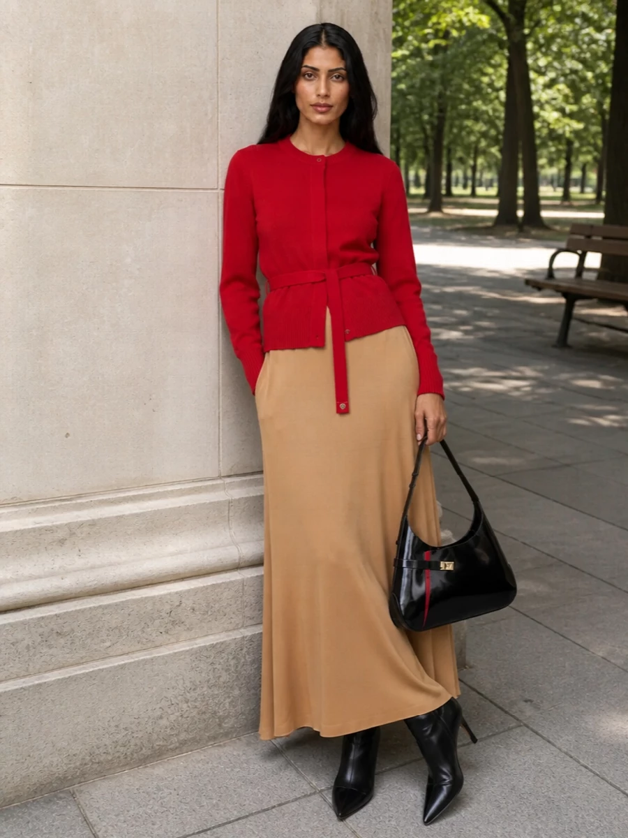 Ferragamo red jacket caramel slip dress outfit