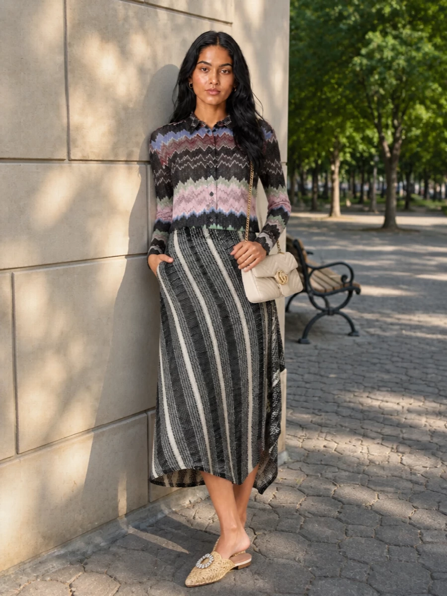 Missoni’s shimmering chevron shirt is anchored by the monochrome drape of the asymmetric knit skirt, so the pattern feels intentional rather than overwhelming. Raffia pointed mules and a creamy quilted shoulder bag keep the palette soft and summery, adding texture and polish without stealing focus. The result is boho-preppy knitwear that moves easily from gallery afternoon to late dinner with a quiet glimmer in every layer.