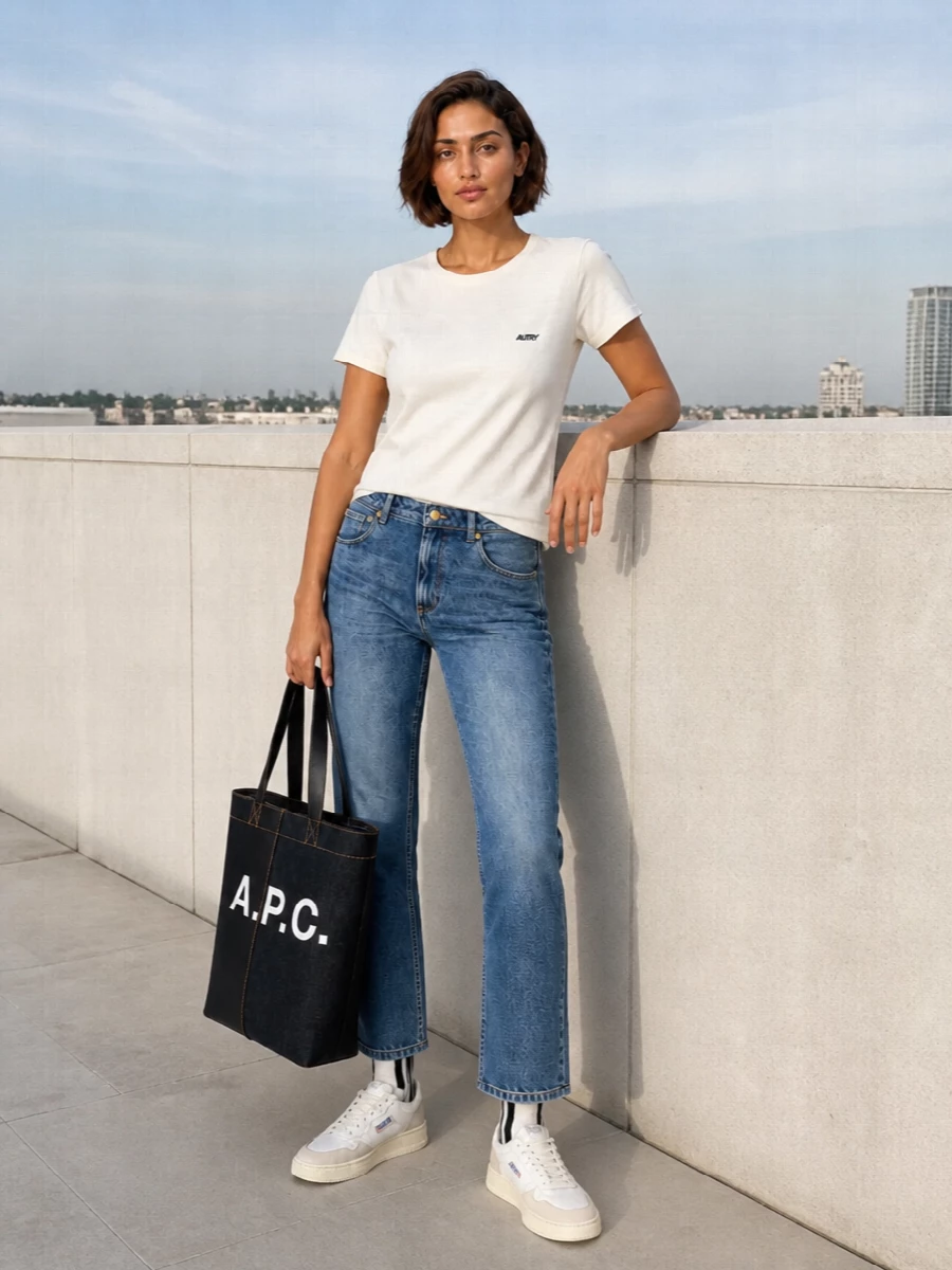 An off-white Autry tee sits over straight indigo A.P.C. denim for a clean, easy city uniform. Retro Autry sneakers and a structured A.P.C. tote keep the palette tight and neutral, while graphic Y-3 socks add just enough sport detail. The result is a relaxed, quietly branded streetwear outfit that feels put together without trying too hard.