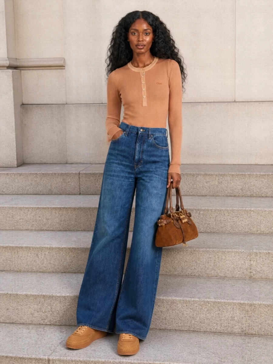 Chloe camel henley wide leg jeans satchel